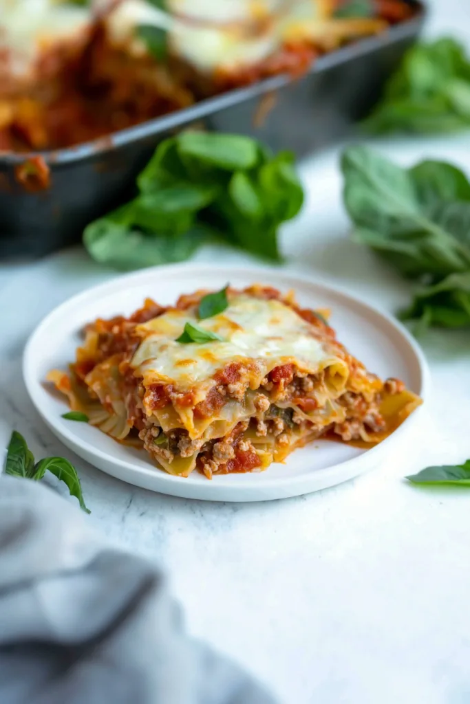 Hearty baked dish plated with fresh tomatoes and herbs in the background