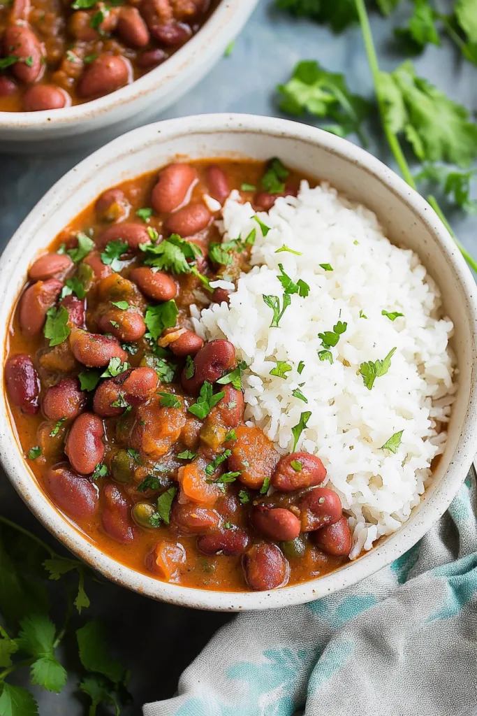 A close-up of a hearty bowl filled with creamy red beans served alongside fluffy white rice, topped with fresh cilantro.
