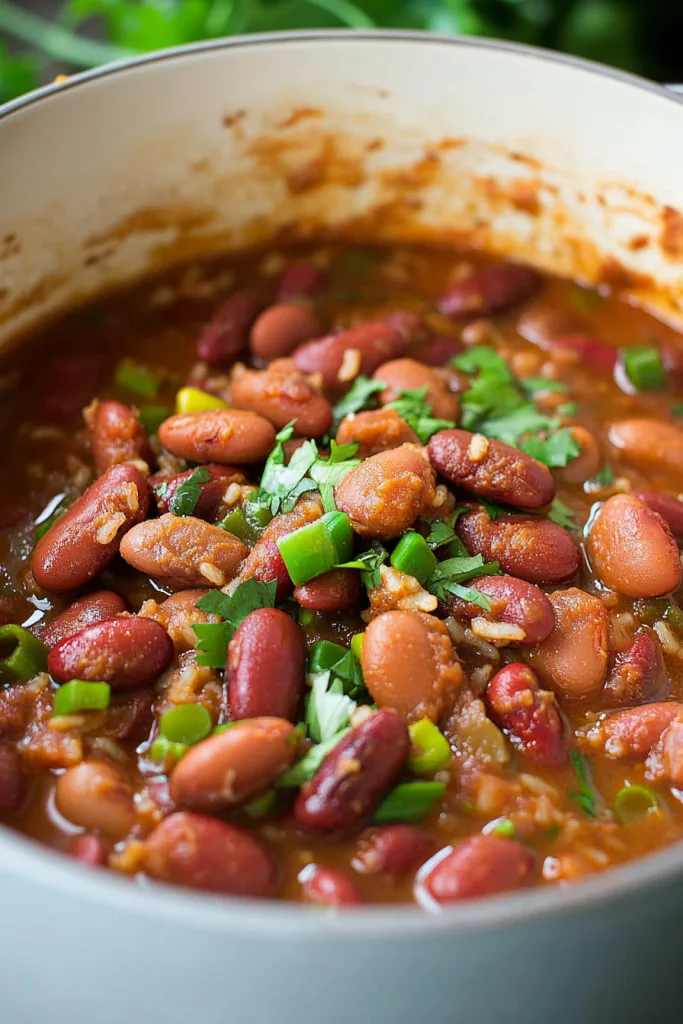 A warm, home-style dish of beans and rice captured with vibrant colors and textures.
