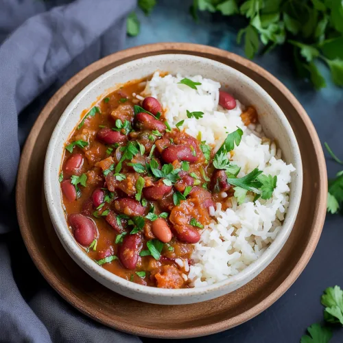 A rustic tabletop scene showing a steaming bowl of beans and rice with sprigs of cilantro scattered nearby.