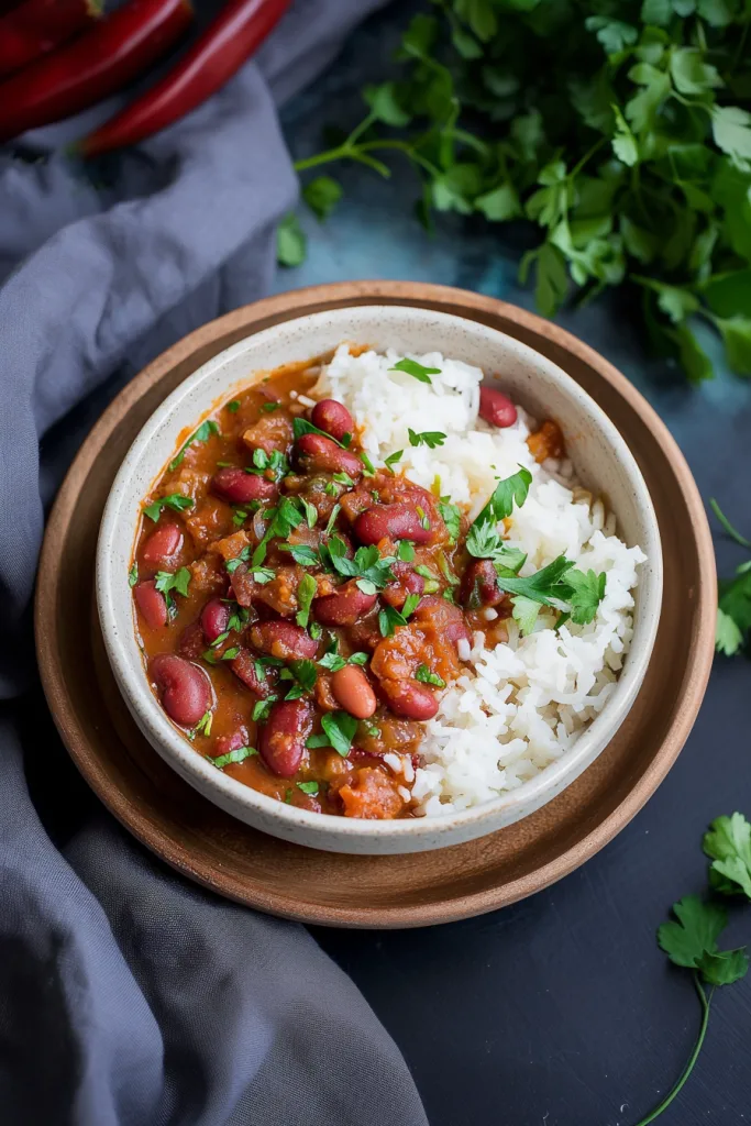 A rustic tabletop scene showing a steaming bowl of beans and rice with sprigs of cilantro scattered nearby.