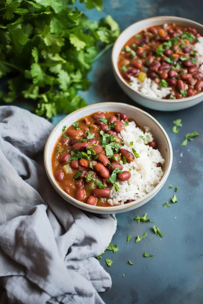 A comforting serving of red beans in thick sauce paired with rice, presented in a simple ceramic bowl.