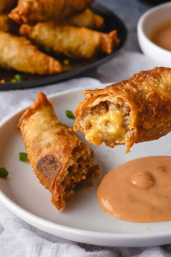 Crispy rolls glistening under light, paired with a thick tan-colored sauce for serving.