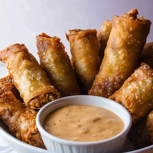 Golden, crispy egg rolls stacked neatly beside a creamy dipping sauce in a white ramekin.