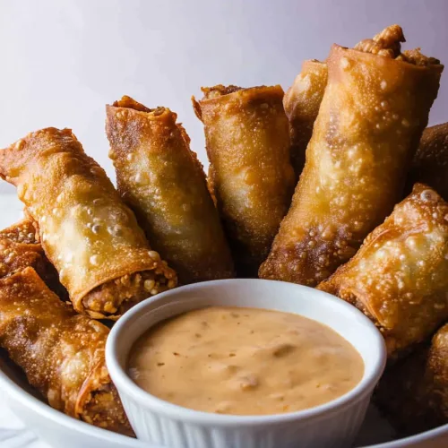 Golden, crispy egg rolls stacked neatly beside a creamy dipping sauce in a white ramekin.