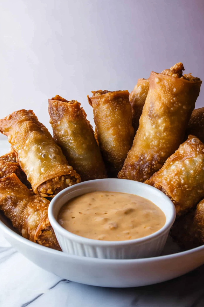 Golden, crispy egg rolls stacked neatly beside a creamy dipping sauce in a white ramekin.