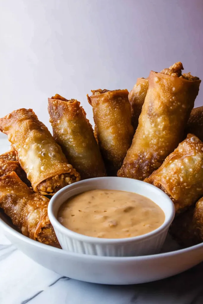 Golden, crispy egg rolls stacked neatly beside a creamy dipping sauce in a white ramekin.