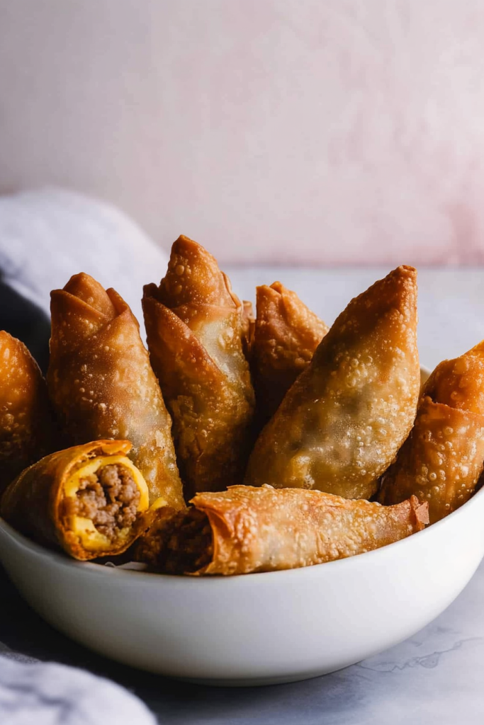 Egg rolls arranged upright in a bowl, highlighting their golden-brown finish and inviting look.
