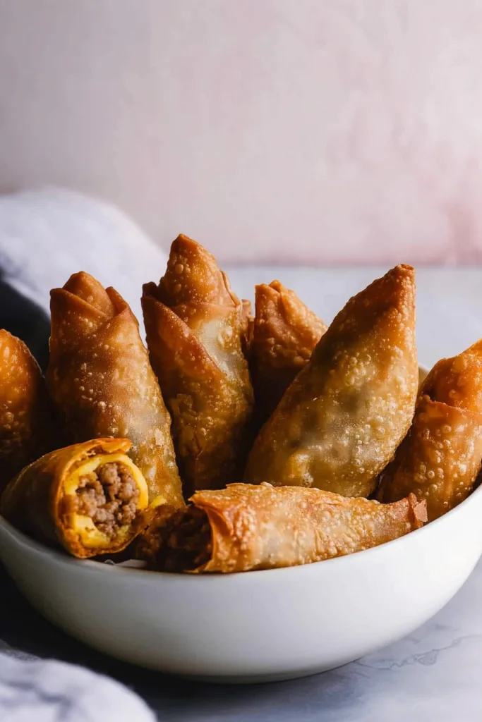 Egg rolls arranged upright in a bowl, highlighting their golden-brown finish and inviting look.