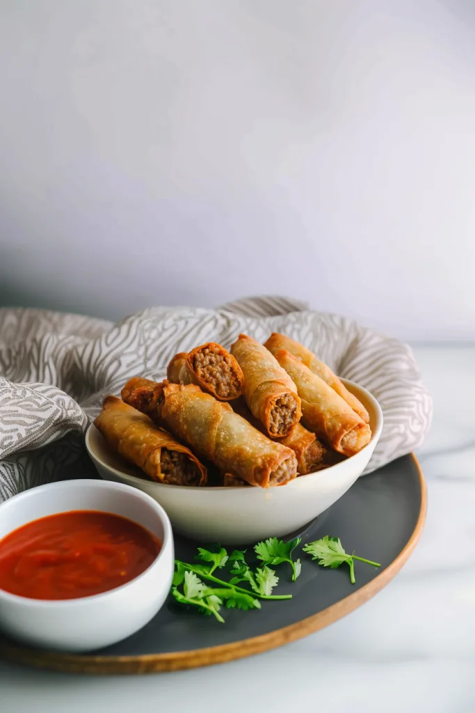 Close-up of blistered egg roll wrappers showing a crunchy texture with sauce in the background.