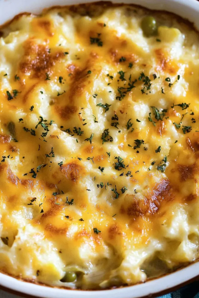 Savory cabbage casserole with browned cheesy topping