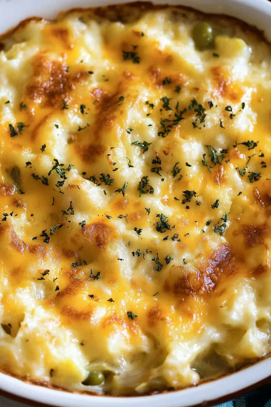 Savory cabbage casserole with browned cheesy topping