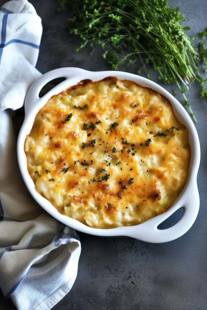 Final plated shot of Cheesy Cabbage Casserole Recipe, warm and comforting