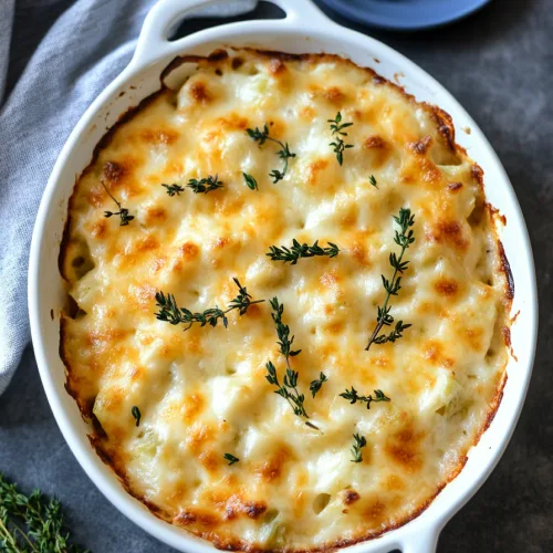 Freshly baked casserole in a white ceramic dish with garnish