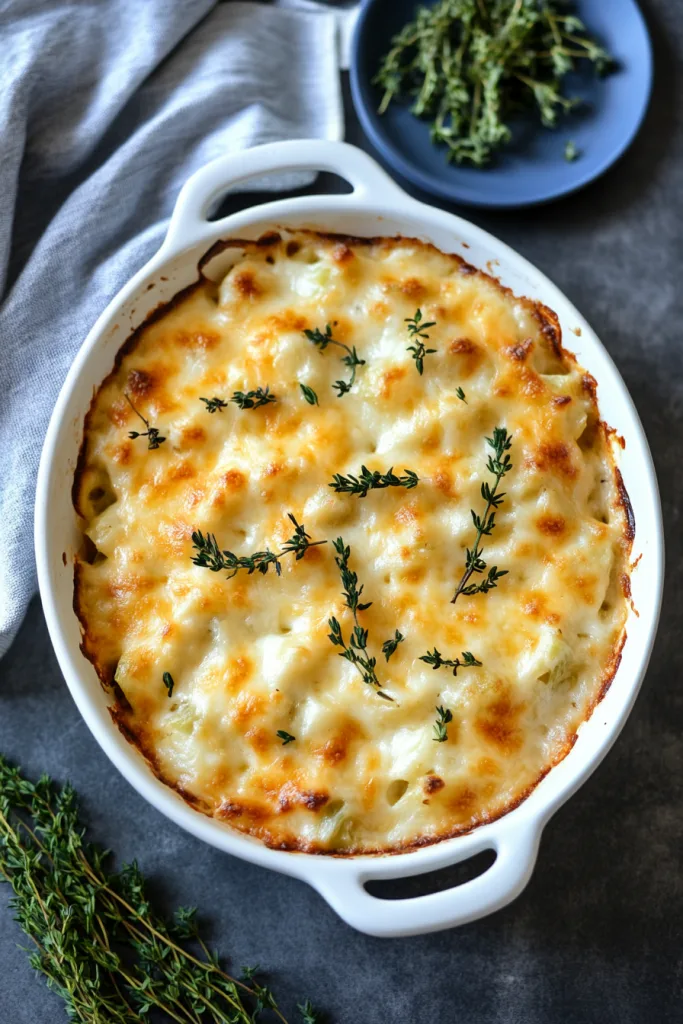Freshly baked casserole in a white ceramic dish with garnish