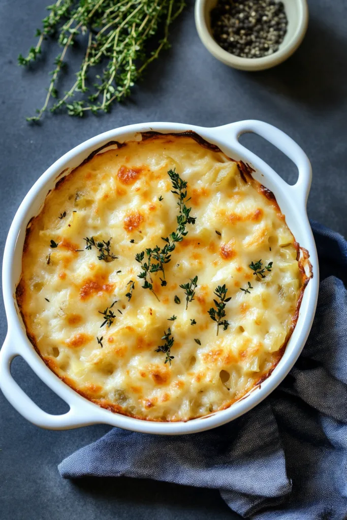 Golden baked casserole topped with melted cheese and thyme sprigs
