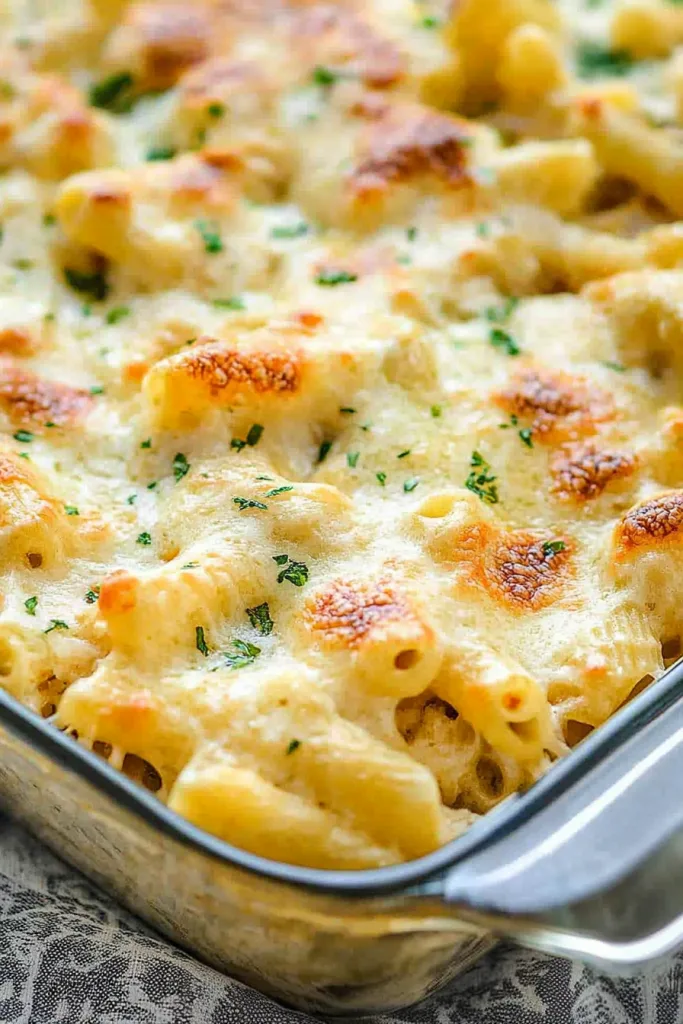 Hearty pasta dish topped with browned cheese and parsley garnish.