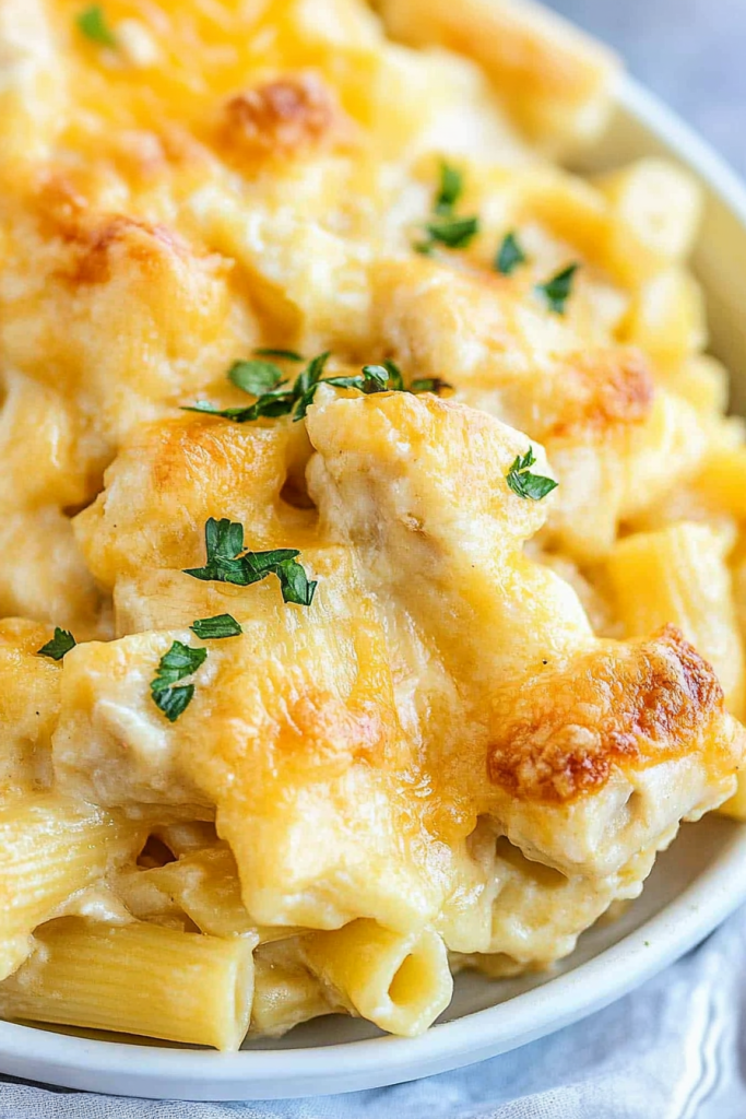 Cheesy baked rigatoni served hot with creamy texture and rich flavor.