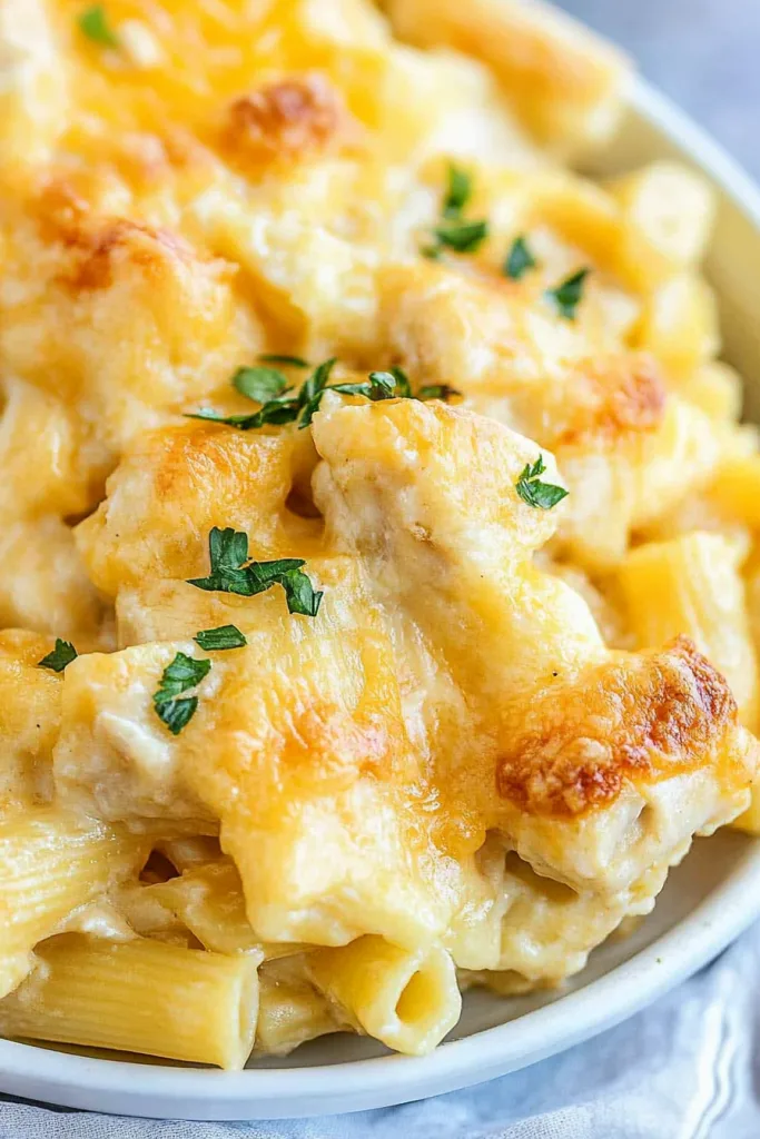 Cheesy baked rigatoni served hot with creamy texture and rich flavor.