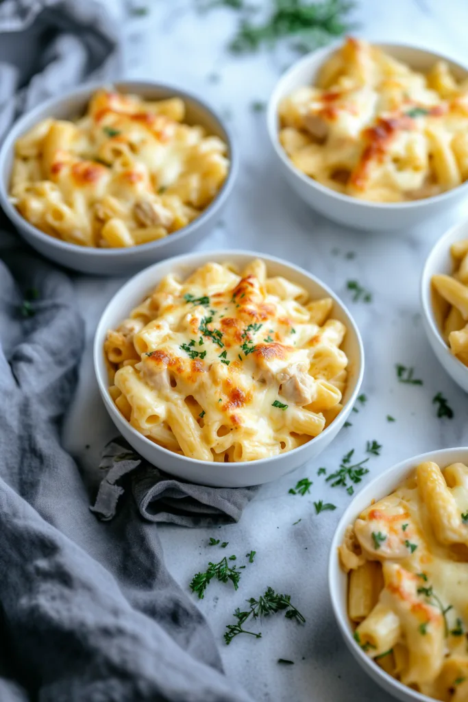 Cheesy Chicken Rigatoni presented in a white dish with golden crust.
