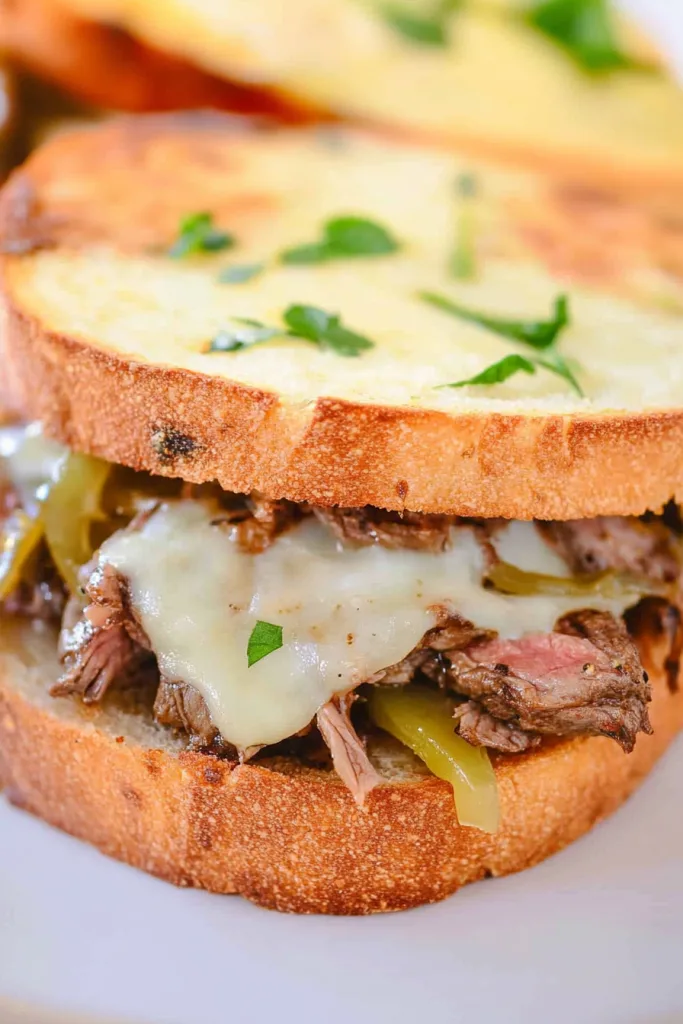 Crispy bun stacked with tender meat and gooey cheese, styled for a rich comfort dish.