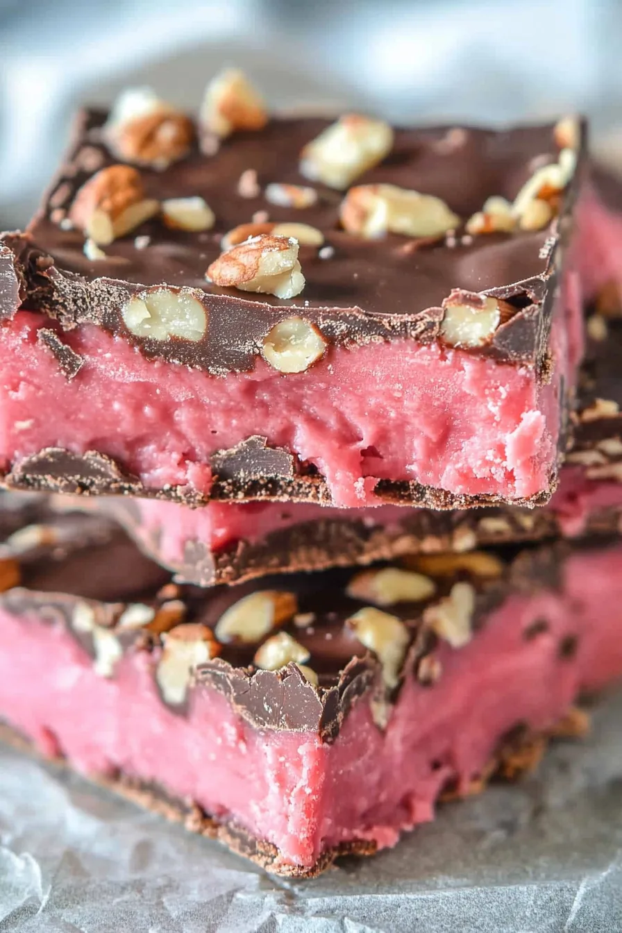Dessert squares showing the vivid pink interior against a smooth chocolate shell.