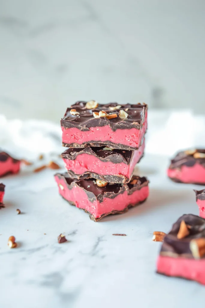 Pieces of nut-studded chocolate bark highlighting the contrast of textures and colors.