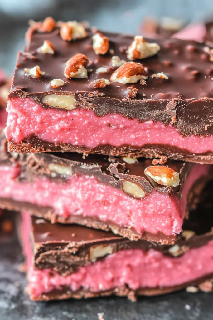 Close-up of glossy dark chocolate bark layered over creamy cherry filling.