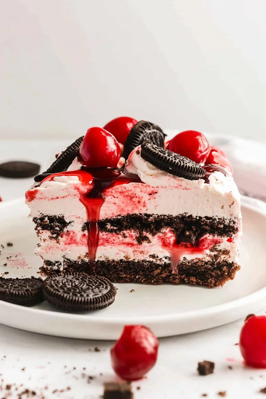 Dessert slice showing alternating dark cookie layers and white cream, finished with glossy cherries on top.