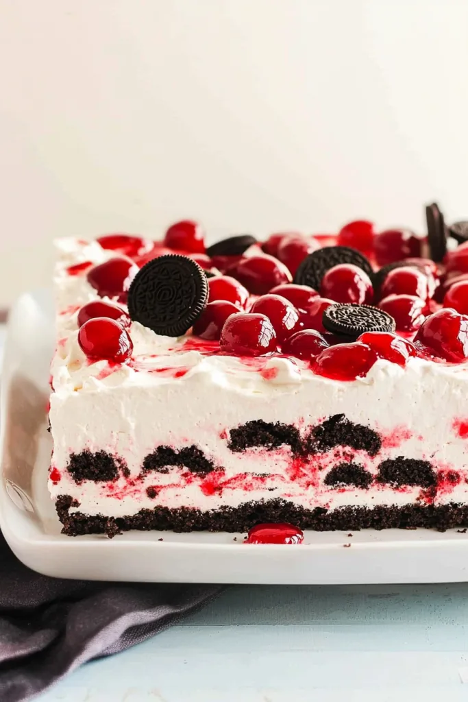 Final presentation of a layered chocolateโandโcream dessert accented with bright red cherries and syrup.