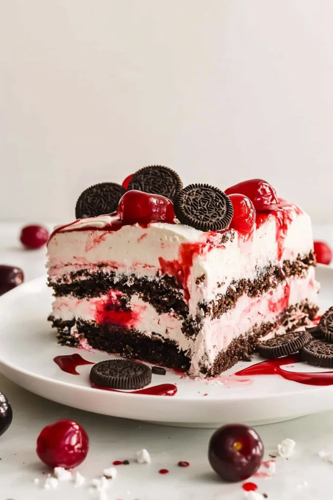 Cherryโtopped cake slice surrounded by syrup and scattered cookie crumbs on a white plate.