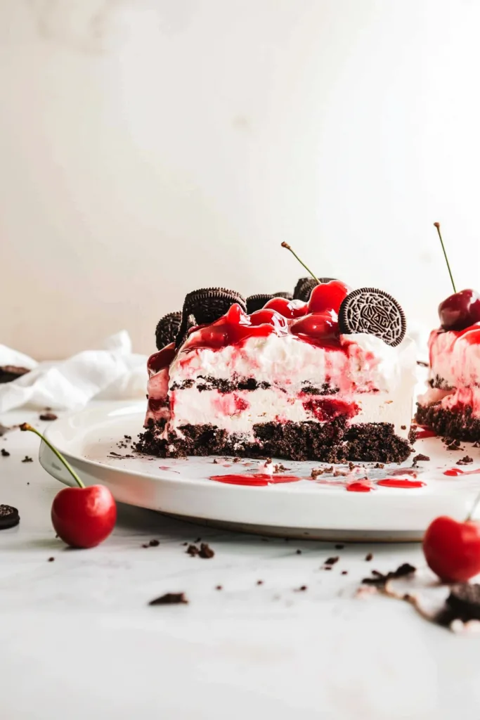 Slice of layered dessert with chocolate crumbs, creamy filling, and cherry streaks topped with whole cherries and cookies.