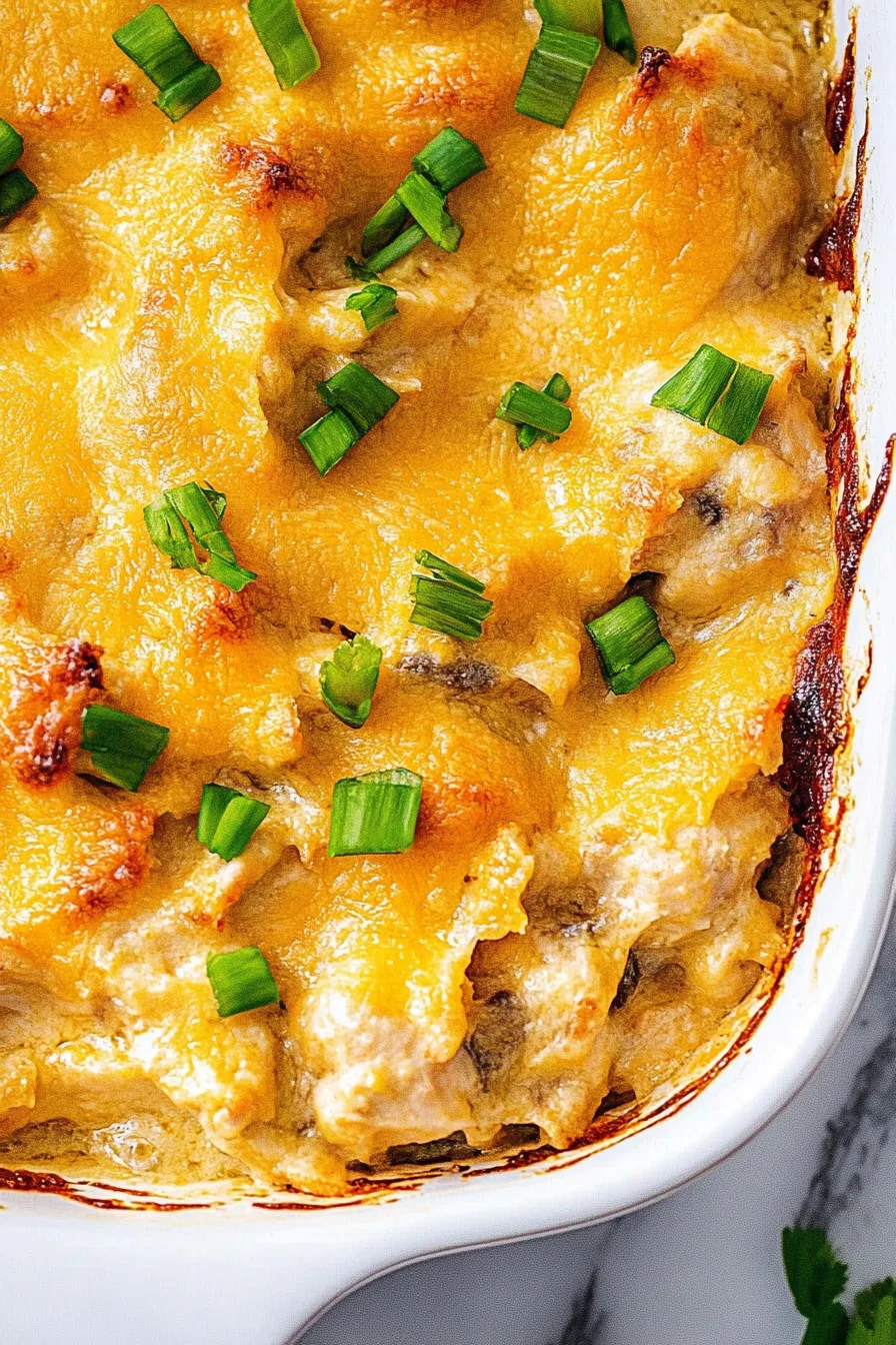 Cheesy baked casserole topped with bacon and green onions