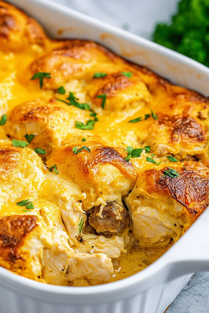 Chicken Bubble Biscuit Bake Casserole served hot with golden crust