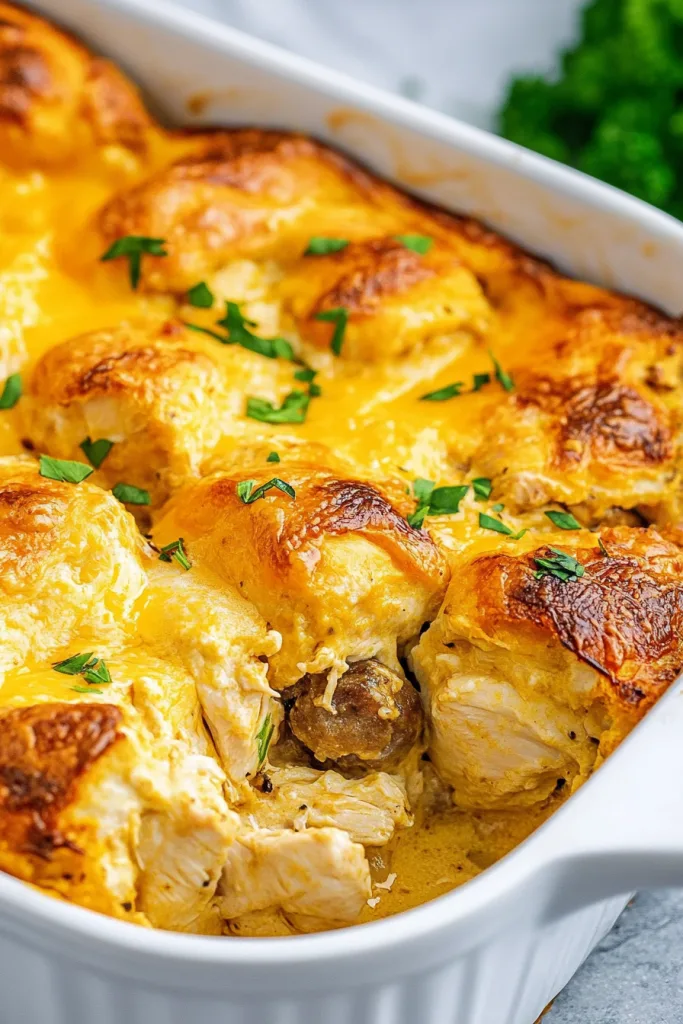 Chicken Bubble Biscuit Bake Casserole served hot with golden crust
