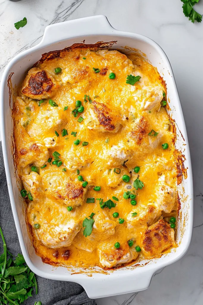 Savory casserole highlighting crisp bacon pieces and gooey cheese