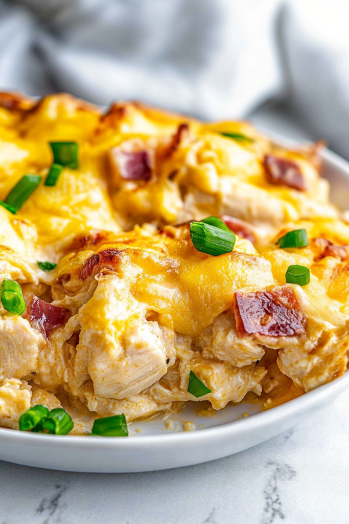White plate of baked chicken dish with fresh garnish on top
