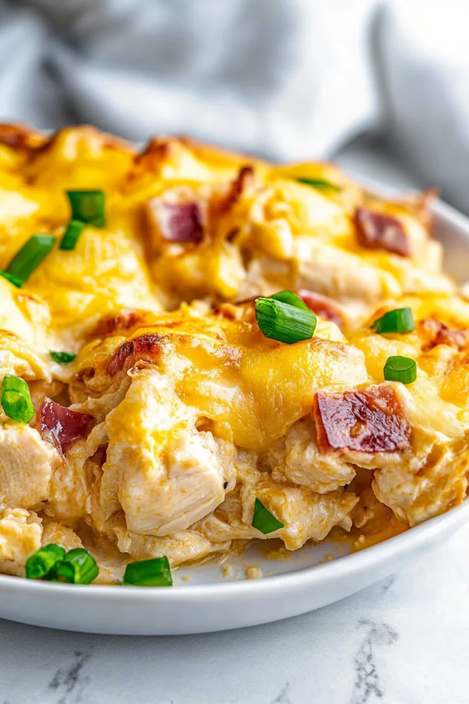 White plate of baked chicken dish with fresh garnish on top