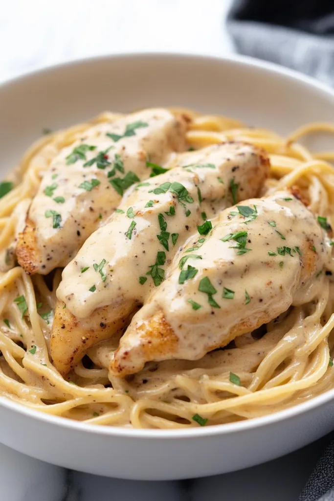 Creamy pasta topped with golden, seasoned chicken breasts and parsley garnish.