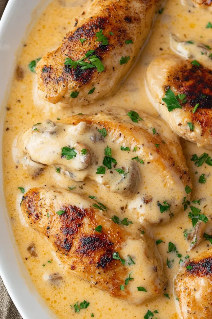 Close-up of spaghetti coated in rich white sauce with sliced chicken.