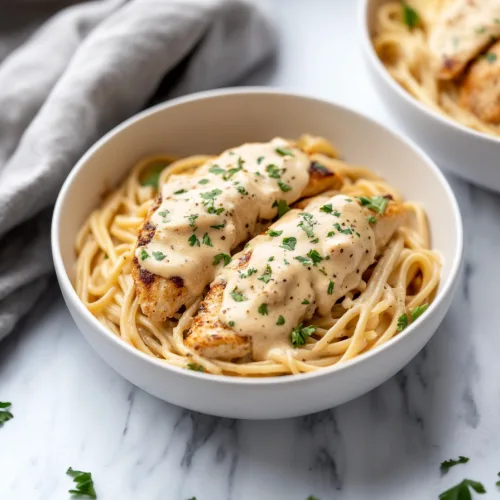Tender chicken pieces resting on sauced noodles, sprinkled with fresh herbs.
