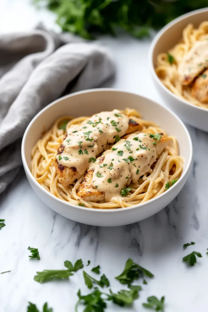 Tender chicken pieces resting on sauced noodles, sprinkled with fresh herbs.