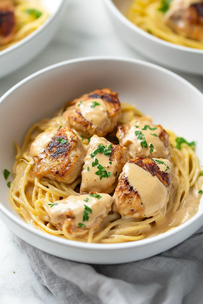 Hearty chicken and pasta dish served in a white bowl with creamy sauce.
