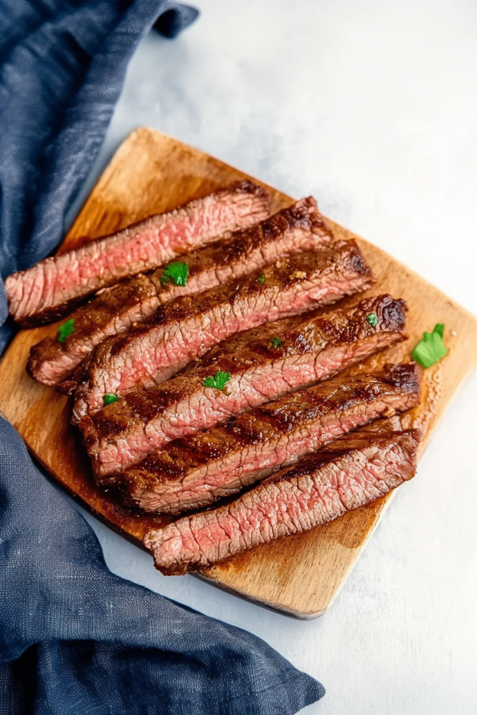 Slices of juicy grilled steak with visible char marks, arranged neatly on a wooden cutting board beside a creamy dipping sauce.