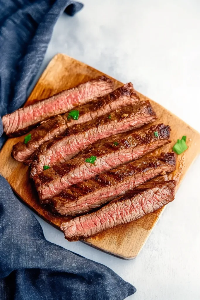 Slices of juicy grilled steak with visible char marks, arranged neatly on a wooden cutting board beside a creamy dipping sauce.