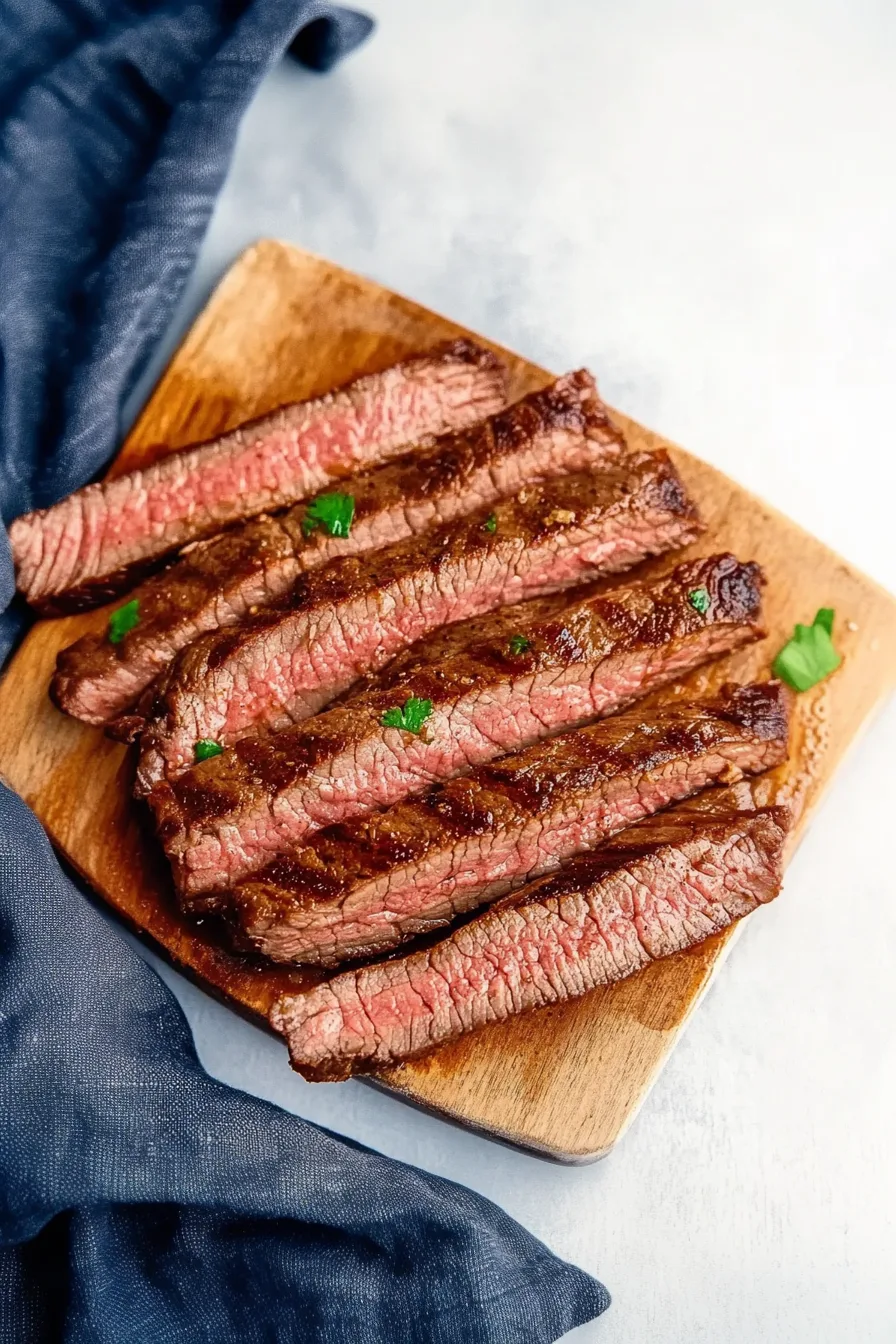Slices of juicy grilled steak with visible char marks, arranged neatly on a wooden cutting board beside a creamy dipping sauce.