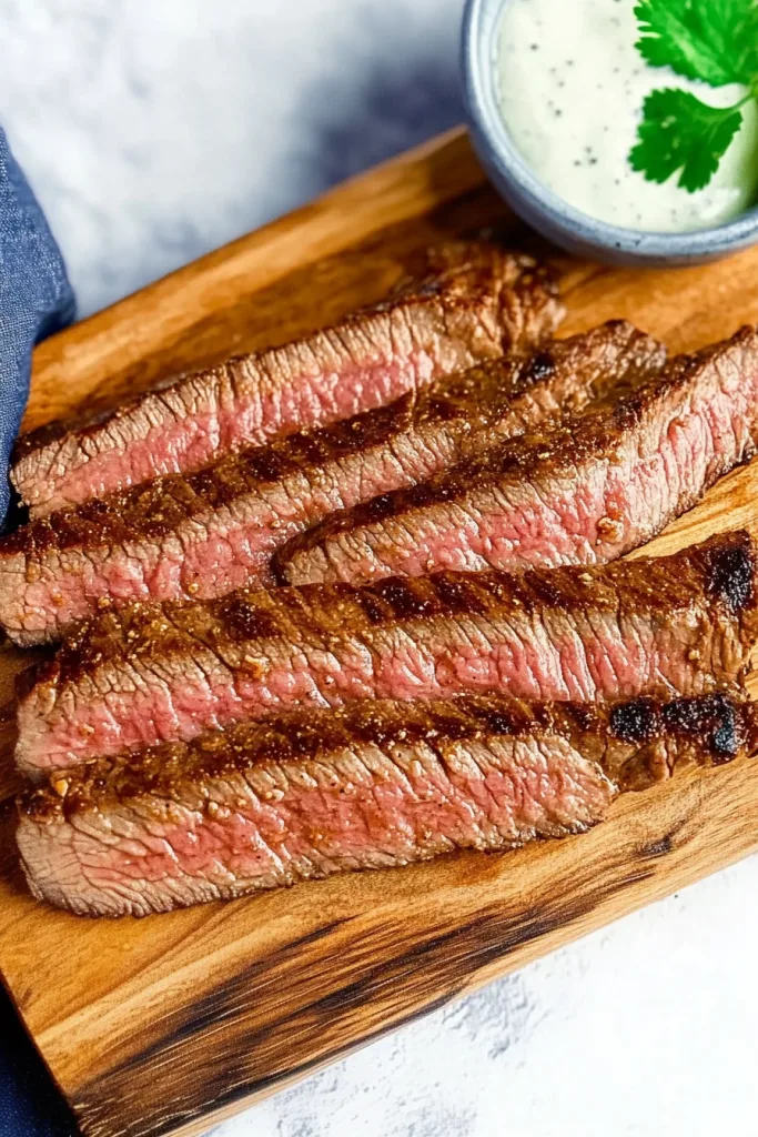 Medium-rare steak with a pink center and seared edges, served with a small bowl of sauce garnished with fresh herbs.