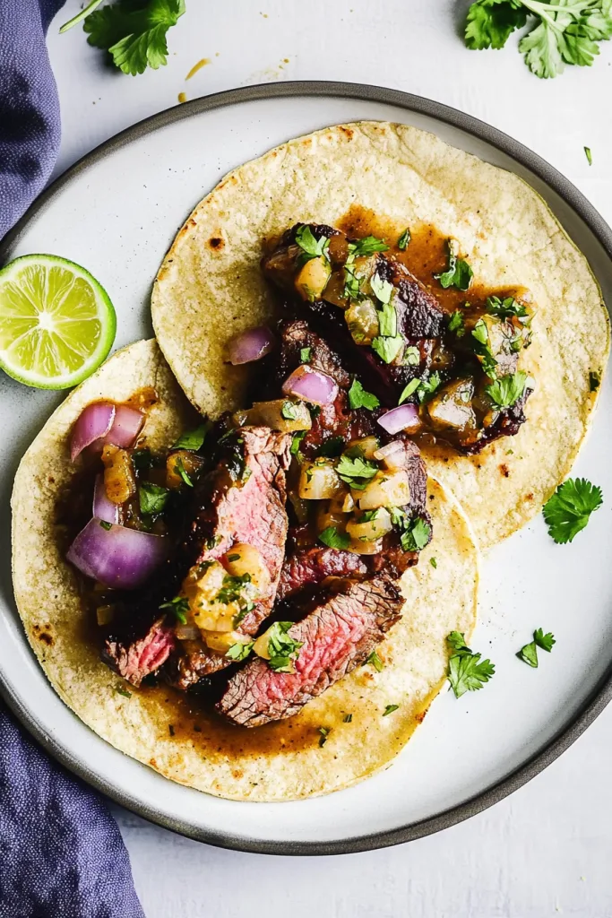 Chipotle garlic guajillo steak tacos plated with fresh cilantro and lime, showcasing bold colors and textures.