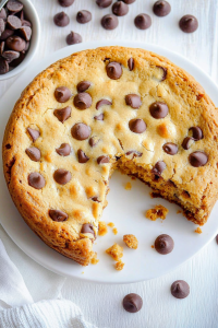 Golden cookie cake with a wedge cut out, showing soft interior and chocolate chips.