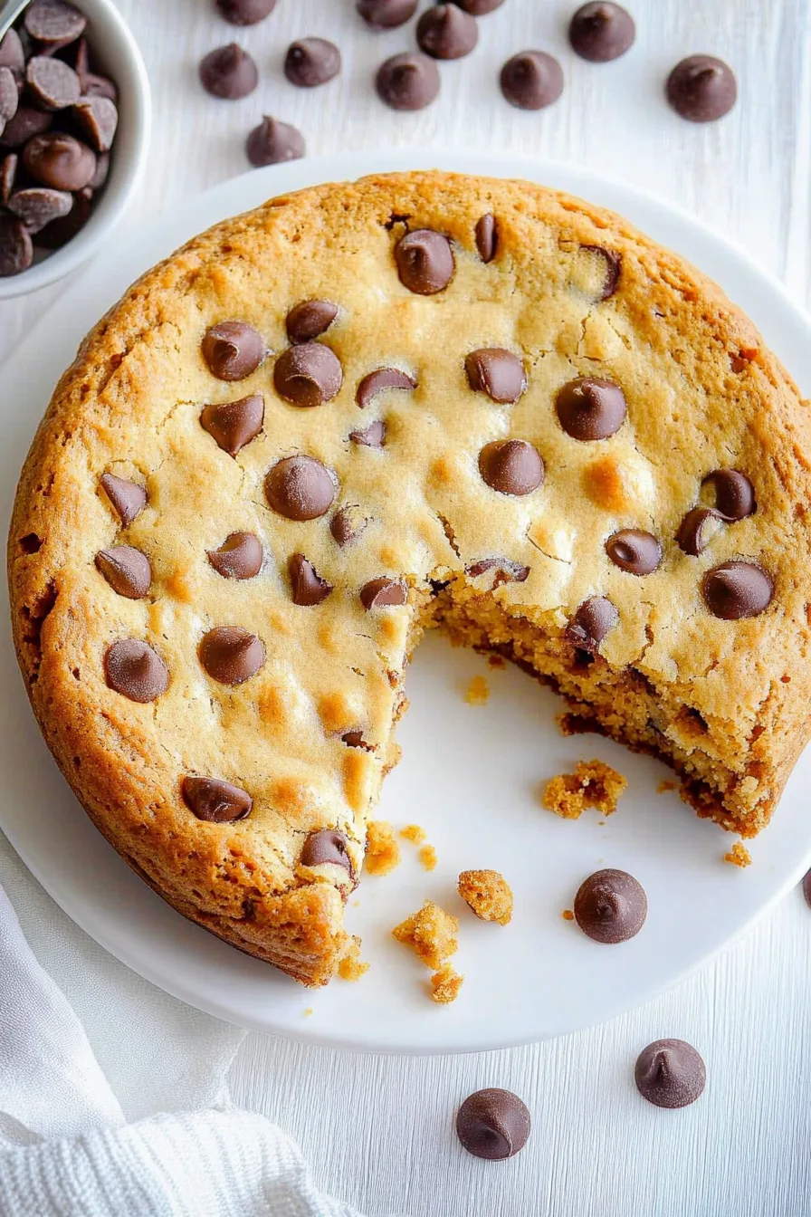 Golden cookie cake with a wedge cut out, showing soft interior and chocolate chips.